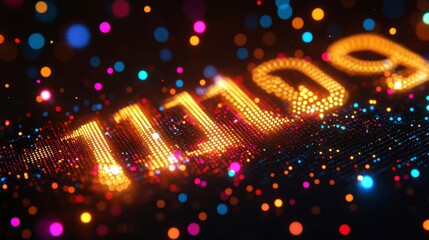 Fototapeta premium Glowing golden 11110 number on dark background with colorful bokeh lights. Festive digital illustration.