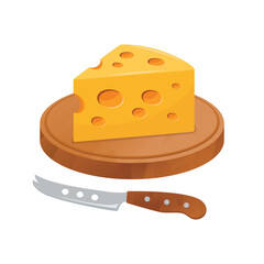 Emmental cheese on a wooden cutting board vector illustration. Piece of cheese with holes icon set isolated on white background. Cheese block on a wooden tray and cheese knife drawing