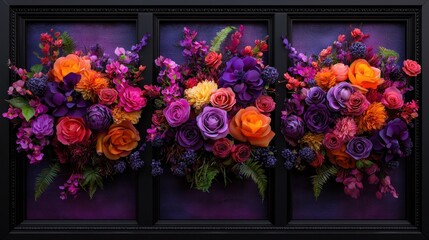 Framed floral arrangements, vibrant colors,  purple backdrop,  decorative display