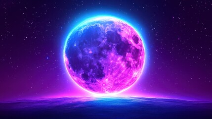 Fototapeta premium Vibrant purple and blue glowing moon over a dark planet. Cosmic landscape.