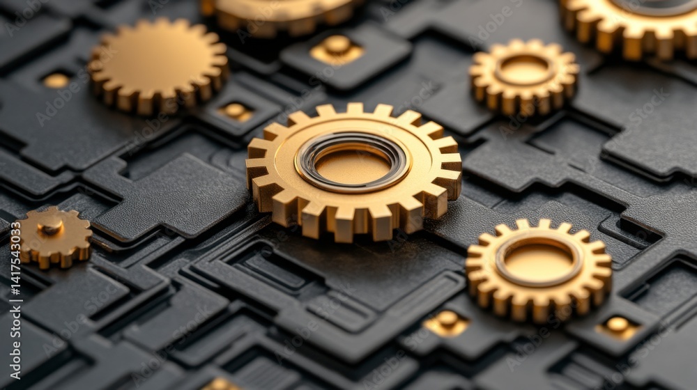 Poster gold gears on dark gray circuit board background. close up view of intricate mechanical components.
