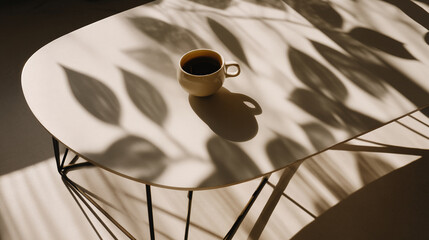 Coffee cup on modern table with leaf shadows aesthetic morning drink cafe beverage home decor interior design