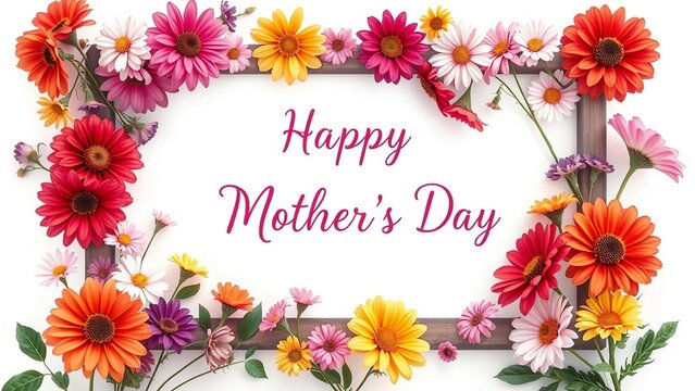 Frame with colorful flowers on clear white background Greeting card design for holiday Mothers day E