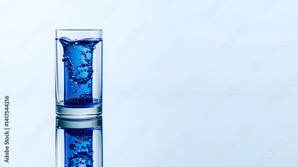 Aufkleber vertical liquid cobalt in glass cylinder, rising bubbles with ai binary code reflections, full-bleed