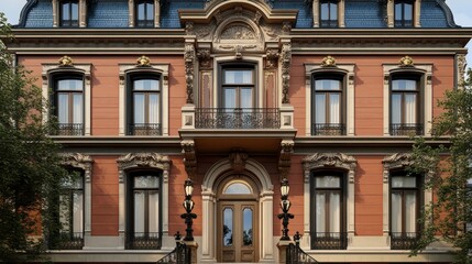 Obraz premium Grand red brick mansion with ornate detailing, symmetrical facade, and a central entrance. Daylight exterior.