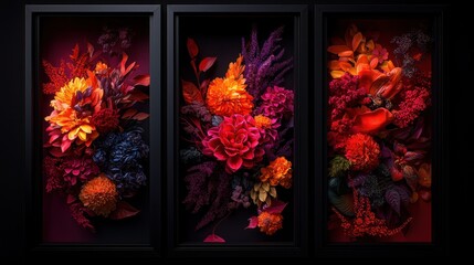 Three framed autumn floral displays on a dark background