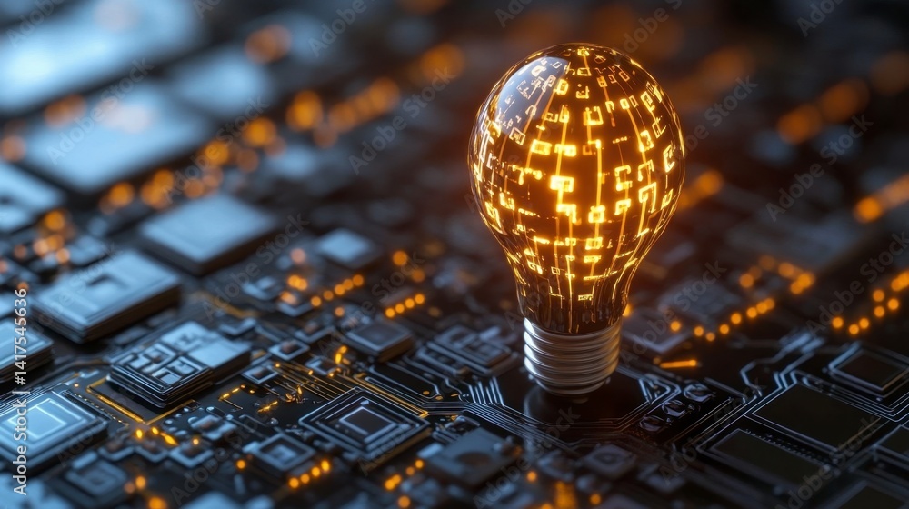 Poster glowing lightbulb with digital code on a circuit board, illuminated with warm light.