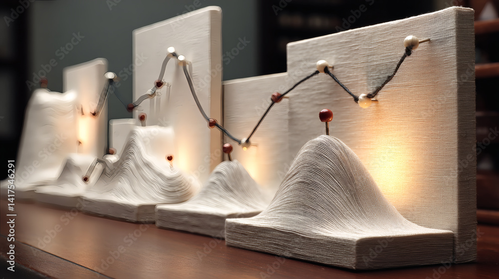 Poster abstract data visualization with light and textured sculptures