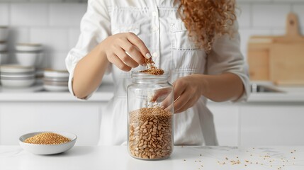 Professional businesswoman filling glass jar with grains for financial growth concept