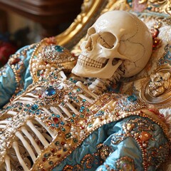 Ornate Skeleton Remains Adorned in Jewels Resting Elegantly on Royal Throne