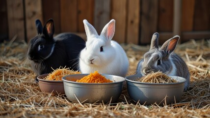 Three adorable rabbits eating food from metal bowls. The fluffy bunnies have different colors gray black and white.
