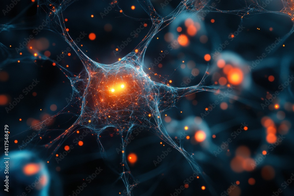 Poster glowing neural network connections in dark abstract background