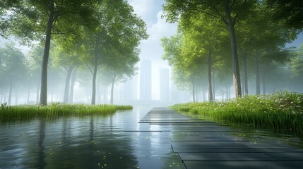 Obraz premium Misty morning path through lush green trees leading to modern buildings in the distance. Tranquil and serene atmosphere.