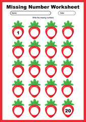 Printable missing number worksheet with strawberries for kids, write numbers from 1 to 20, perfect for preschool math practice, number sequencing and fun classroom or homeschool activity