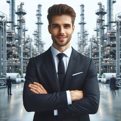Top manager oil company plant. Caucasian man in suit, tie. Industrial background factory.