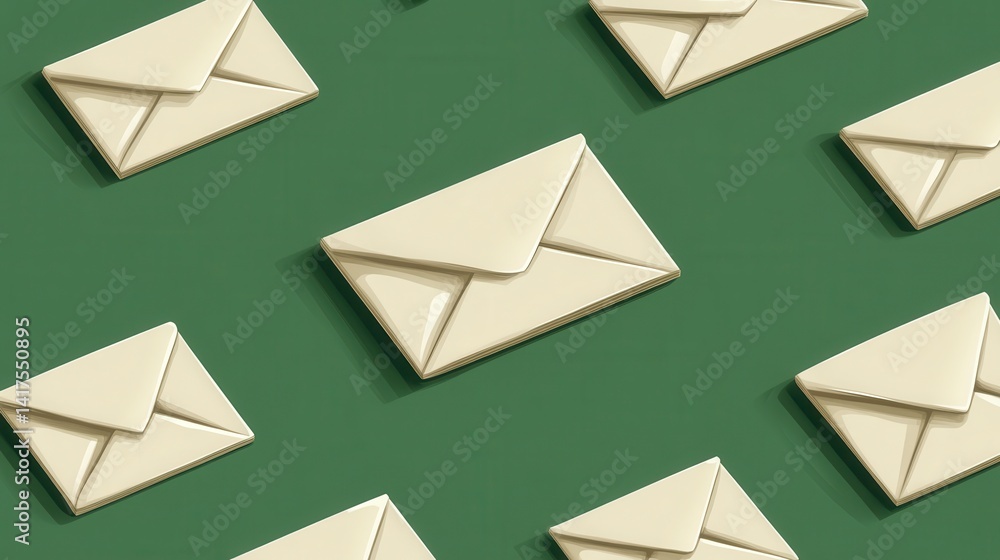Aufkleber off white envelopes arranged in a repeating pattern on a dark green background. pixel art style.