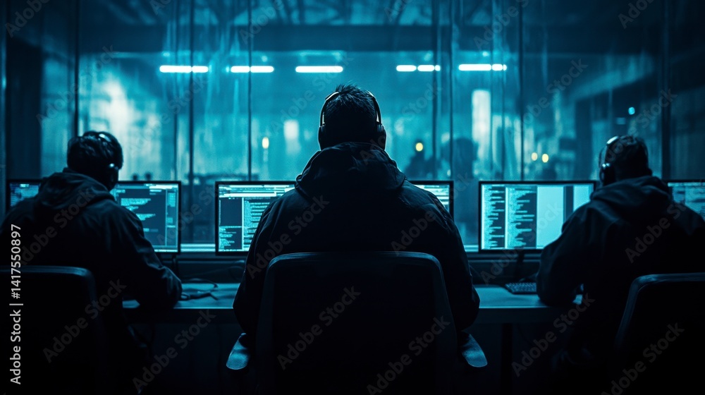 Poster three figures in dark clothing sit at computers in a dimly lit room, monitoring screens displaying c