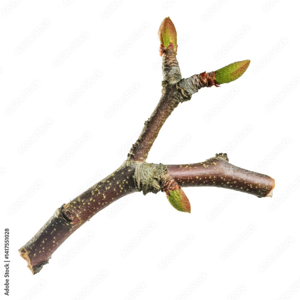 Poster pear tree twig bearing rough bark and emerging spring buds, isolated against pristine white backgrou