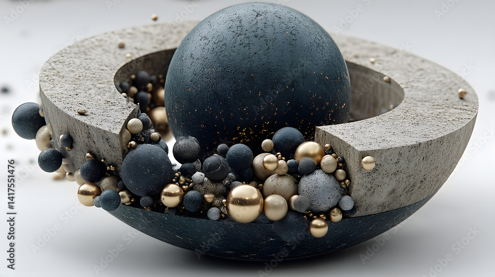 Poster abstract sphere and orb with metallic and stone elements in composition