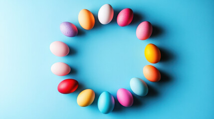 painted eggs for the Easter holiday are laid out on blue paper in a circle, top view