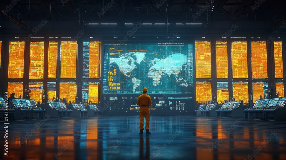 Poster a person in a yellow jumpsuit stands in a large, dark control room filled with glowing screens displ
