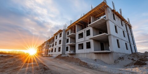 An inspiring view of a construction site at dusk, showcasing the progress of building amidst the warm glow of the sunset, symbolizing innovation and the bright future ahead.
