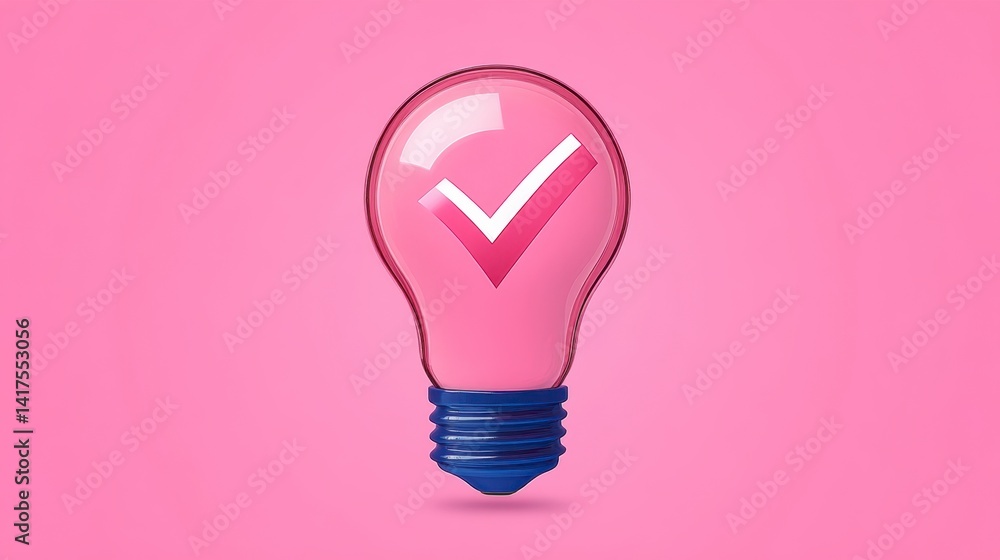 Poster pink lightbulb with a white and red checkmark on a pink background. 3d rendering.
