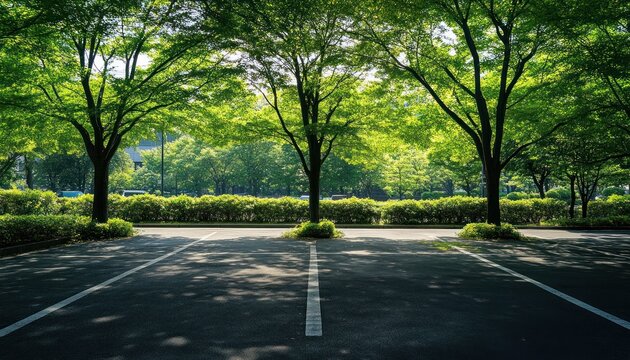 Peaceful Green Parking Lot: A quiet parking lot shaded by trees, surrounded by lush greenery, offering a calm and serene atmosphere in an urban setting.
