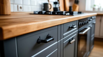 Close-up of a modern gray kitchen with a wood countertop.
