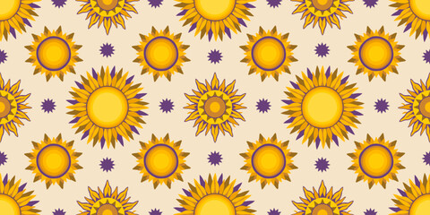 Vector seamless pattern with suns and stars in folklore style