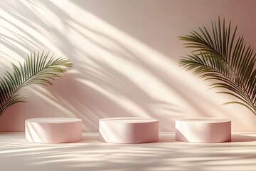 Minimalistic Pink Product Display Podium With Palm Leaf Shadows Backdrop Scene