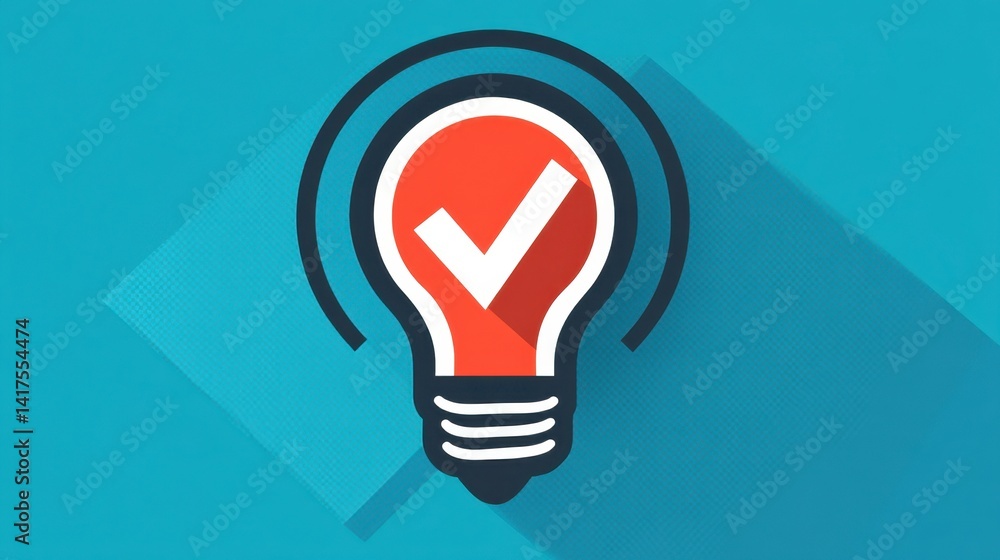 Poster red lightbulb icon with a checkmark, on a teal background with geometric shapes. flat design style.