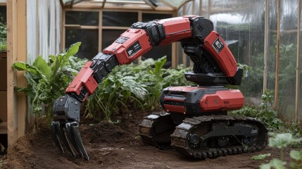 Fototapeta premium Red robotic arm tending to plants in a greenhouse.