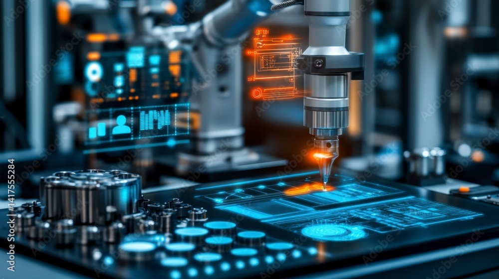 Poster close up view of a robotic arm performing precision work on a circuit board, with glowing digital ov