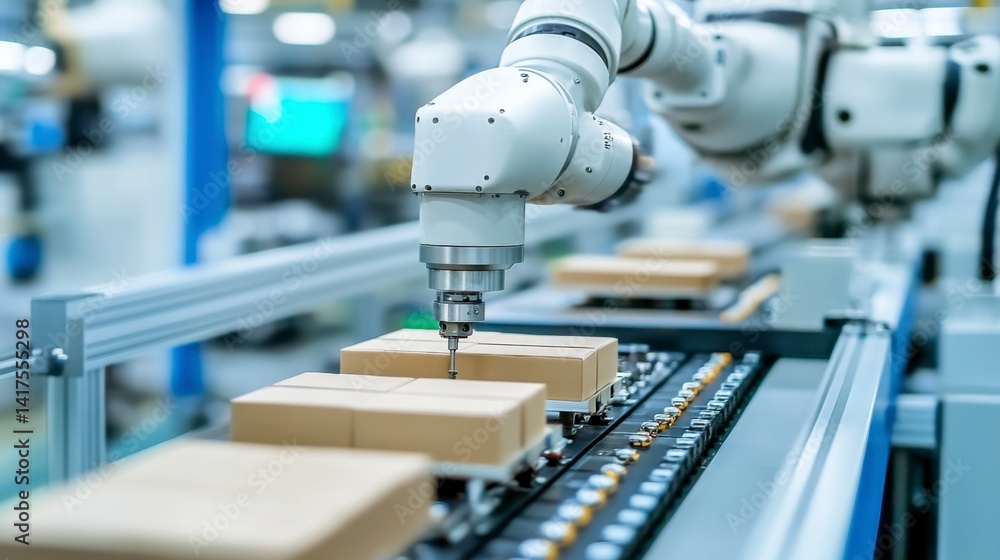Poster robotic arm precisely processes small cardboard boxes on a conveyor belt in a modern factory setting