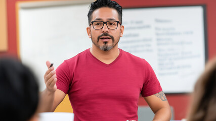 Latino activist inspires community engagement during health equity workshop in a vibrant setting.