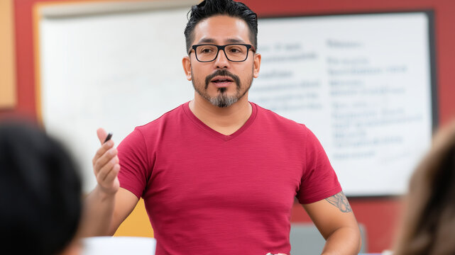 Latino activist inspires community engagement during health equity workshop in a vibrant setting.
