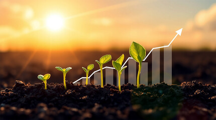 Seedling are growing from the rich soil. Concept of business growth, profit, development and success