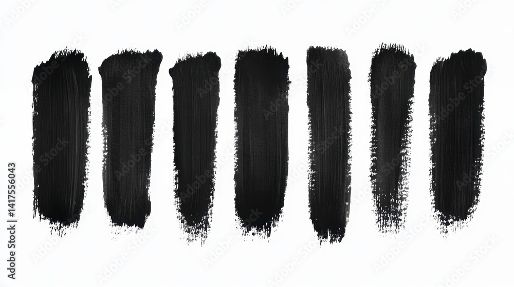 Poster seven black paint strokes on white background, varying in width and texture. abstract art element.