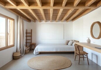 A cozy and bright bedroom with natural wood and neutral colors