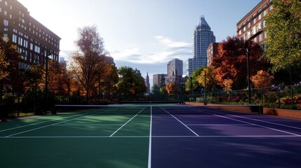 Obraz premium Autumnal city park tennis court, sunny day, urban backdrop