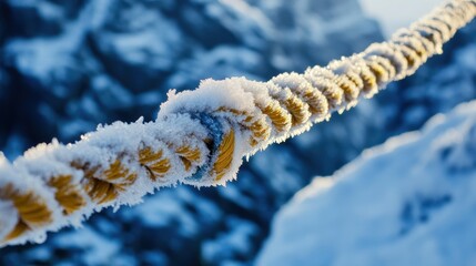 A rugged alpine rope covered in frost, hanging from an icy mountain peak --ar 16:9 --v 6.1 Job ID: 813ec095-01f1-4047-96fc-411c58090af2