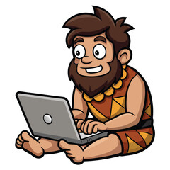 Obraz premium Cartoon caveman using a laptop. Funny Stone Age man with beard works on computer