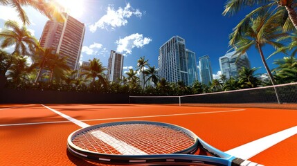 Tropical tennis court, city skyline, sunny day, racket on court
