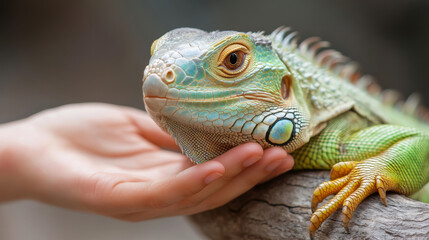Fototapeta premium Colorful iguana enjoys gentle petting by a visitor in a jungle themed enclosure, highlighting its vibrant colors and friendly demeanor