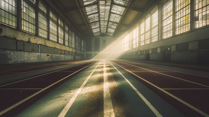 Fototapeta premium Abandoned indoor track field with sun rays shining through windows for athletics and running sport use