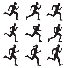 run, Running men and women, Running Men and Women Silhouettes Vector Set