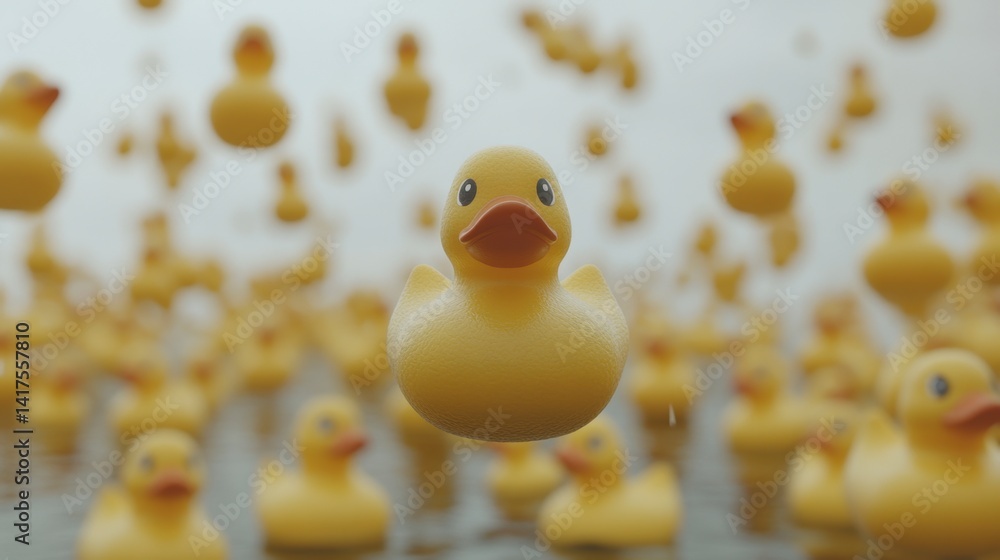 Poster a single yellow rubber ducky floats above a large group of similar ducks, creating a playful and sur