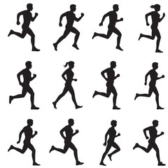 run, Running men and women, Running Men and Women Silhouettes Vector Set