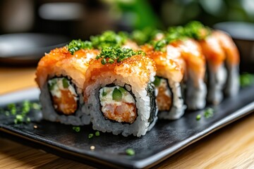 A delicious arrangement of sushi rolls on a dark serving plate